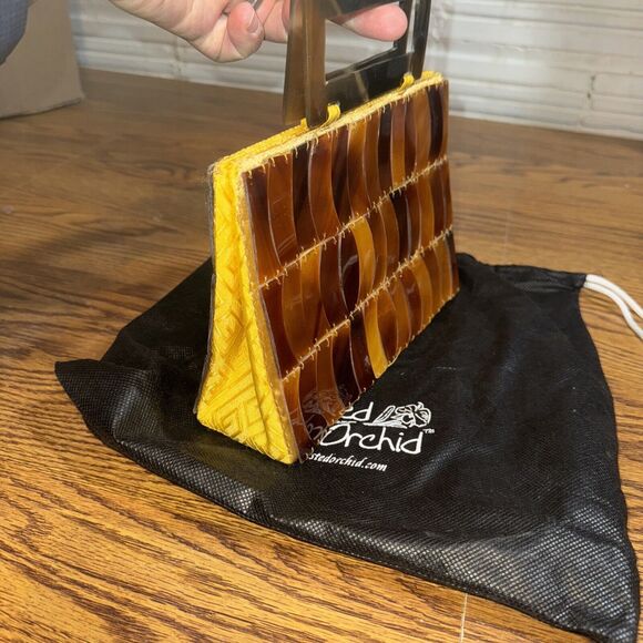 Tortoiseshell and silk Handbag Purse Clutch 10.5" x 6.5" Twisted Orchid VTG - Picture 2 of 8